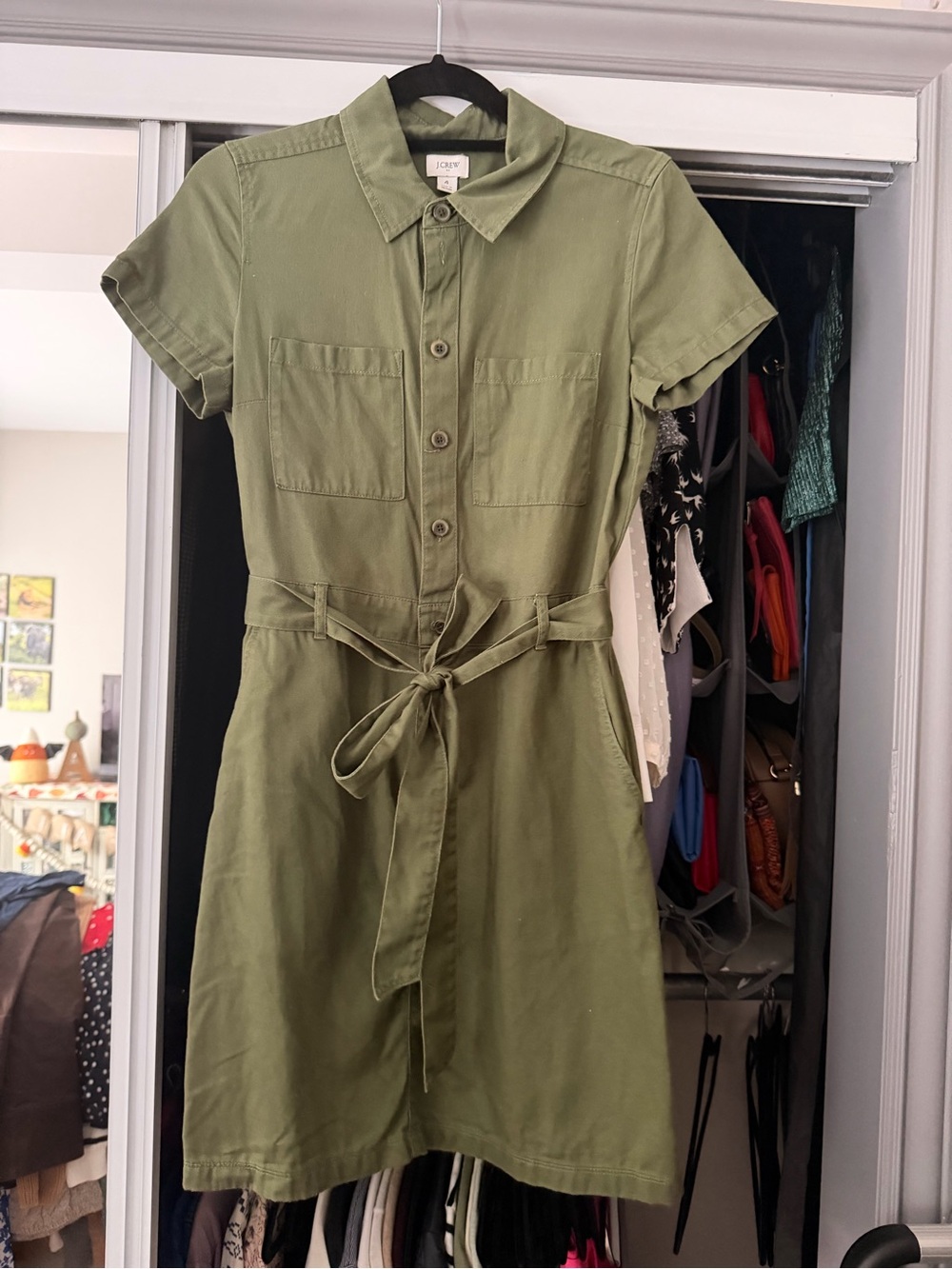 J. Crew Short-Sleeve Utility Shirt Dress in Olive